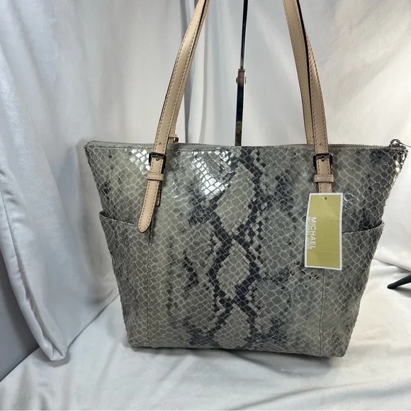 MICHAEL Michael Kors Jet Set Khaki/Gray Python Effect Leather Tote w/ DustbagNWT